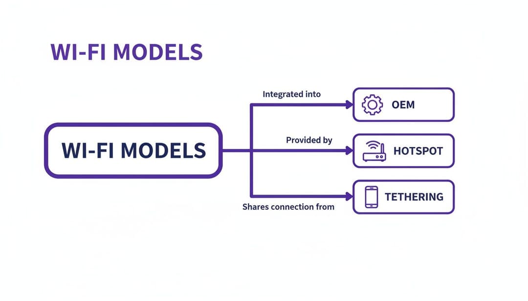 Diagram illustrating Wi-Fi models including OEM integration, hotspot provision, and tethering connection sharing.