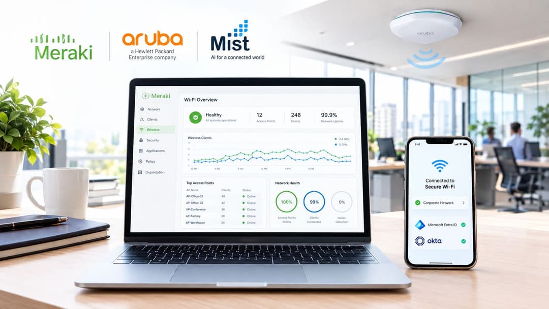 Ein professioneller Laptop und ein Smartphone zeigen Netzwerk-Management-Dashboards für die WiFi-Systemadministration und sichere Verbindungen.