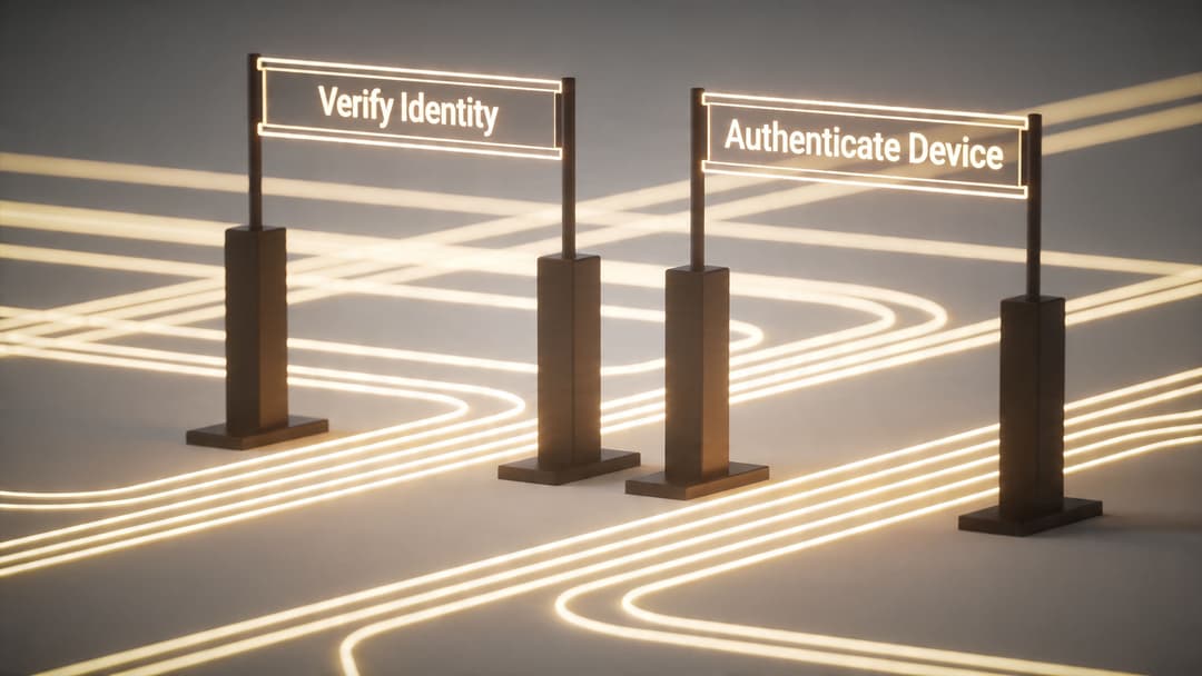 A conceptual 3D rendering showing illuminated paths leading to two glowing signage boards for identity verification and authentication.