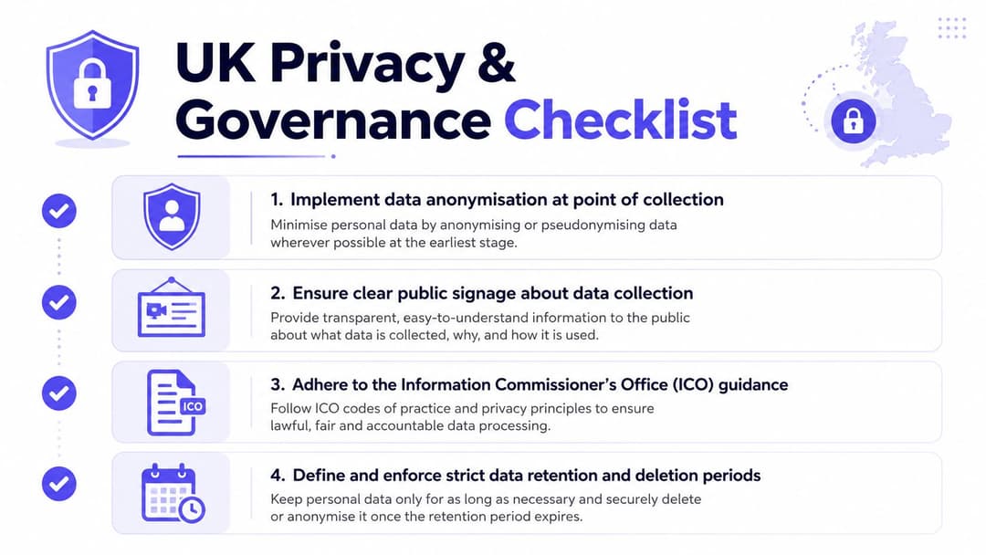 一份關於數據收集、匿名化、告示牌、ICO 指南和保留的英國隱私與治理核對清單。