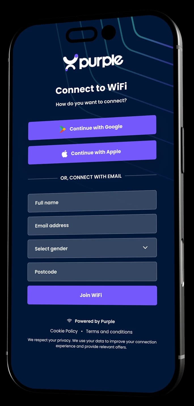 The Purple guest WiFi sign-in screen shown on a phone, with one-tap Google, Apple and email login