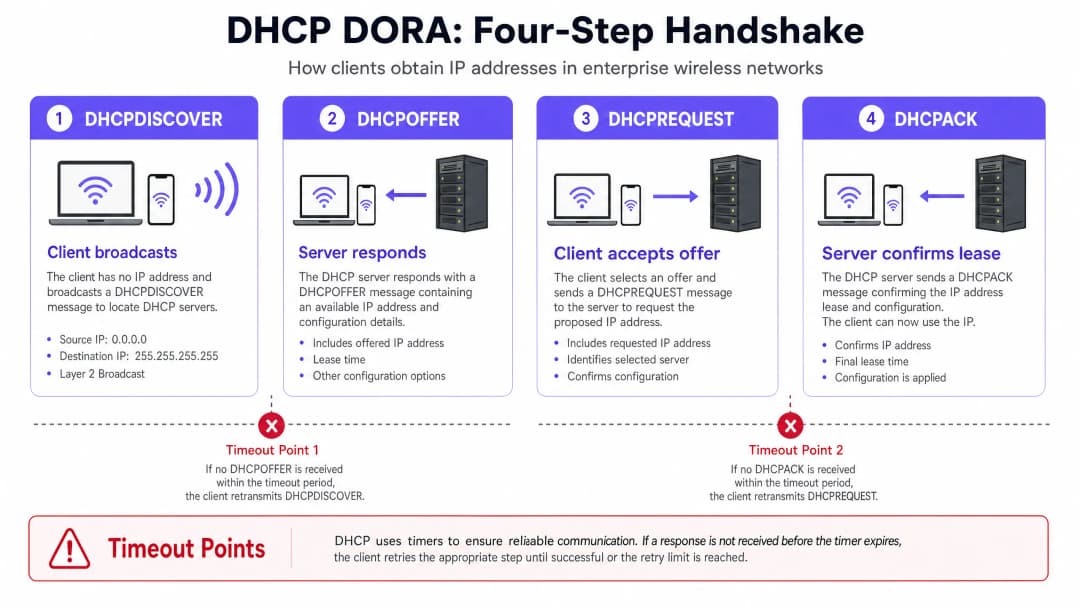 As 10 Principais Causas de Timeouts de DHCP em Redes Wireless de Alta Densidade - dhcp dora process diagram