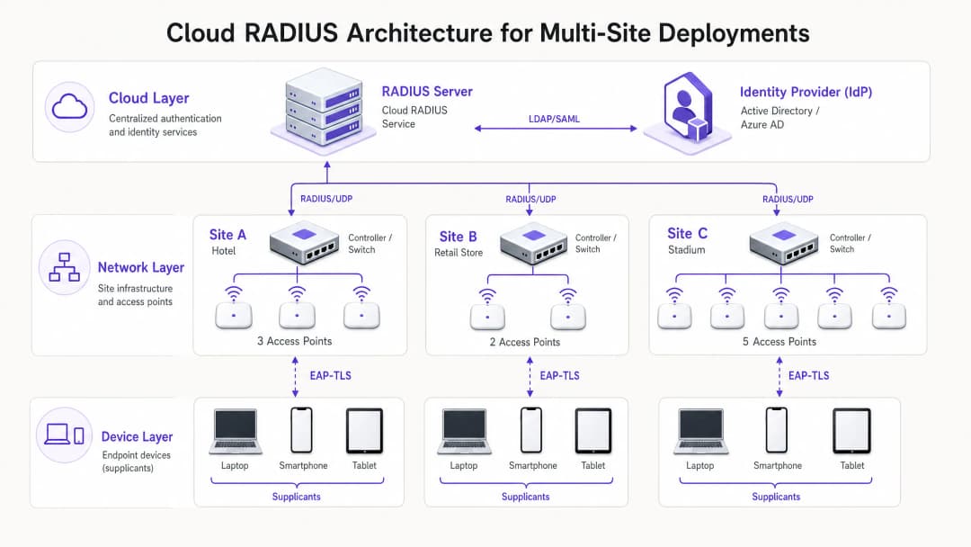 Cloud RADIUS के साथ 802.1X प्रमाणीकरण को कैसे लागू करें - architecture overview