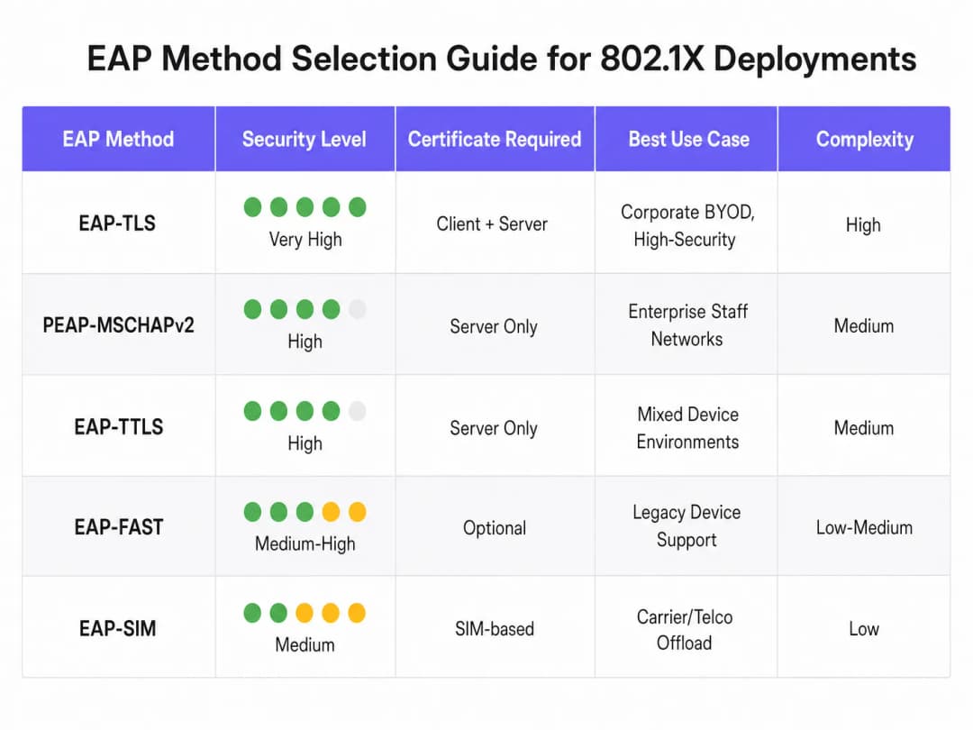 Cloud RADIUS के साथ 802.1X प्रमाणीकरण को कैसे लागू करें - eap comparison chart